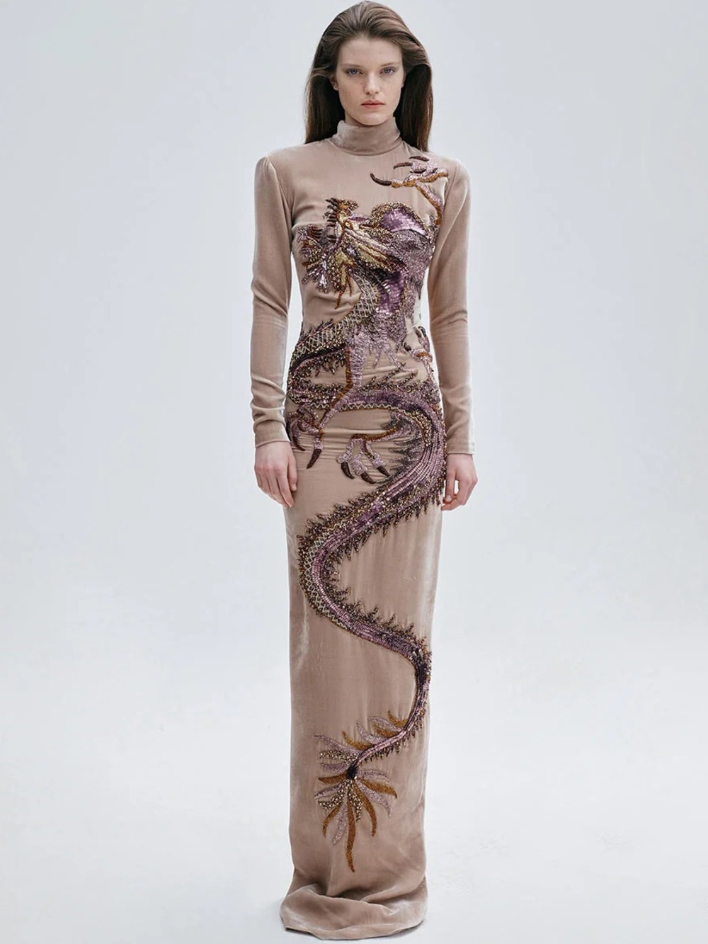Beige Embroidered Dragon Maxi Dress